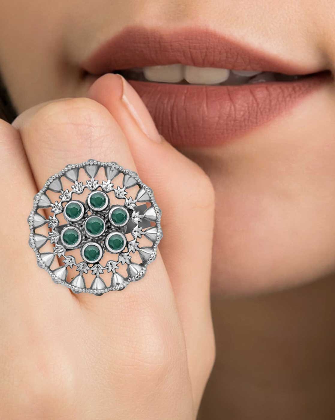 SILVER GREEN STONE ROUND RING WITH 925 HALLMARK