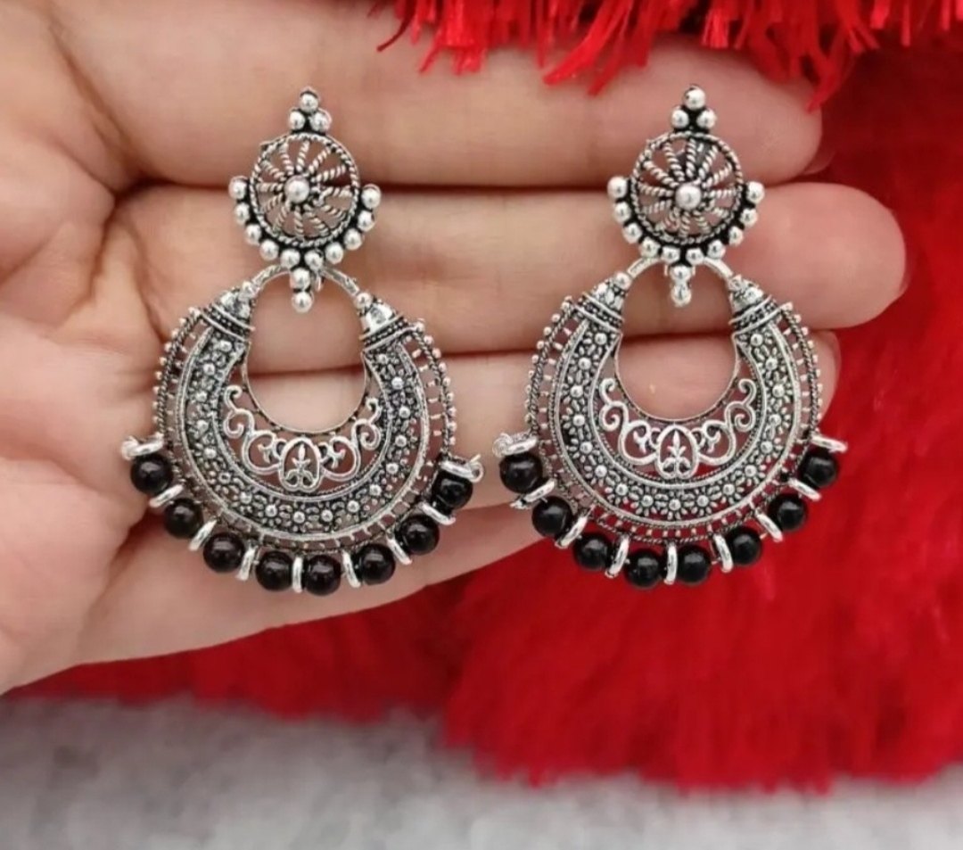 Oval Black Colour Pearl Silver Oxidised Chandbali Earrings