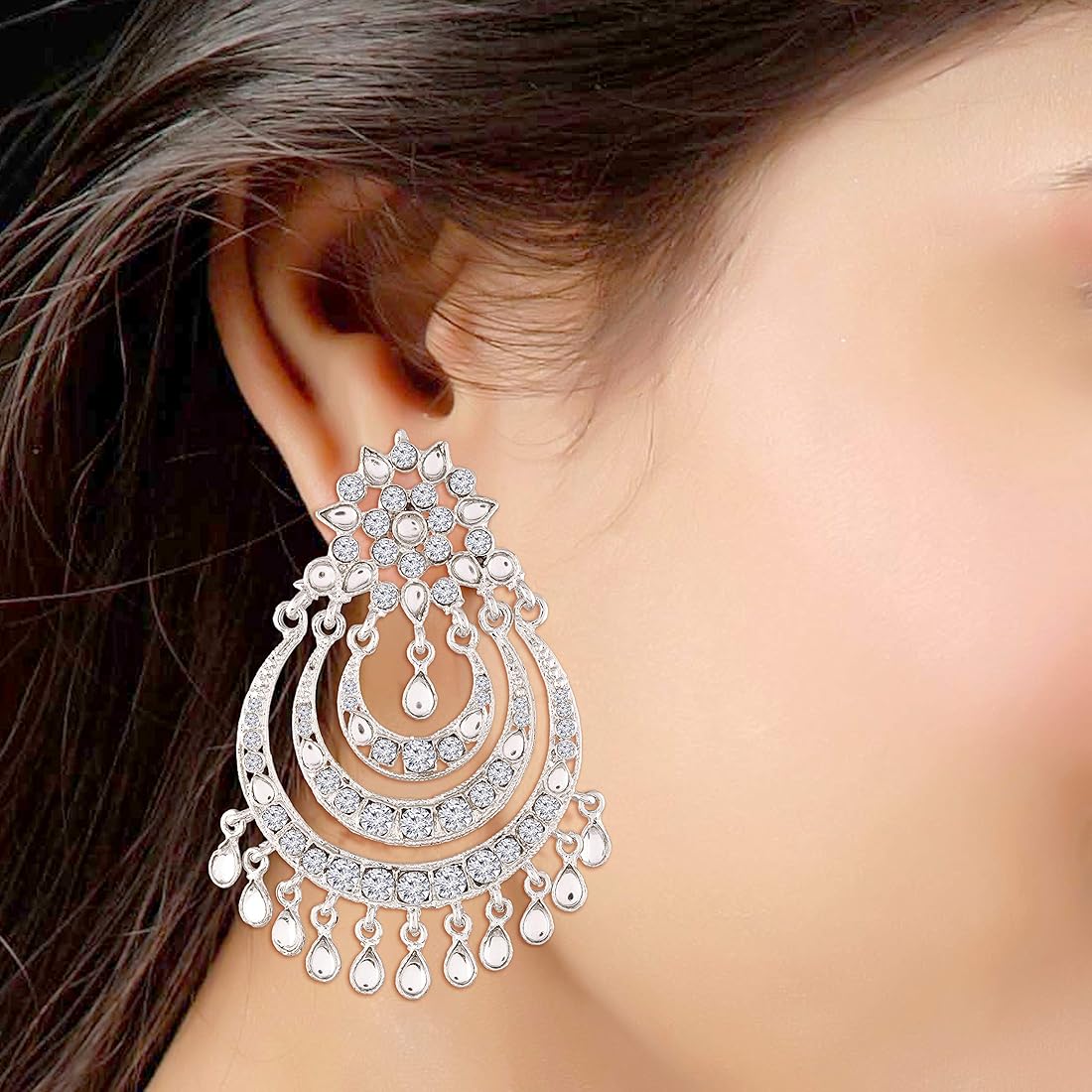 Silver Rhodium Plated Designer Chandbali Earrings for Women 