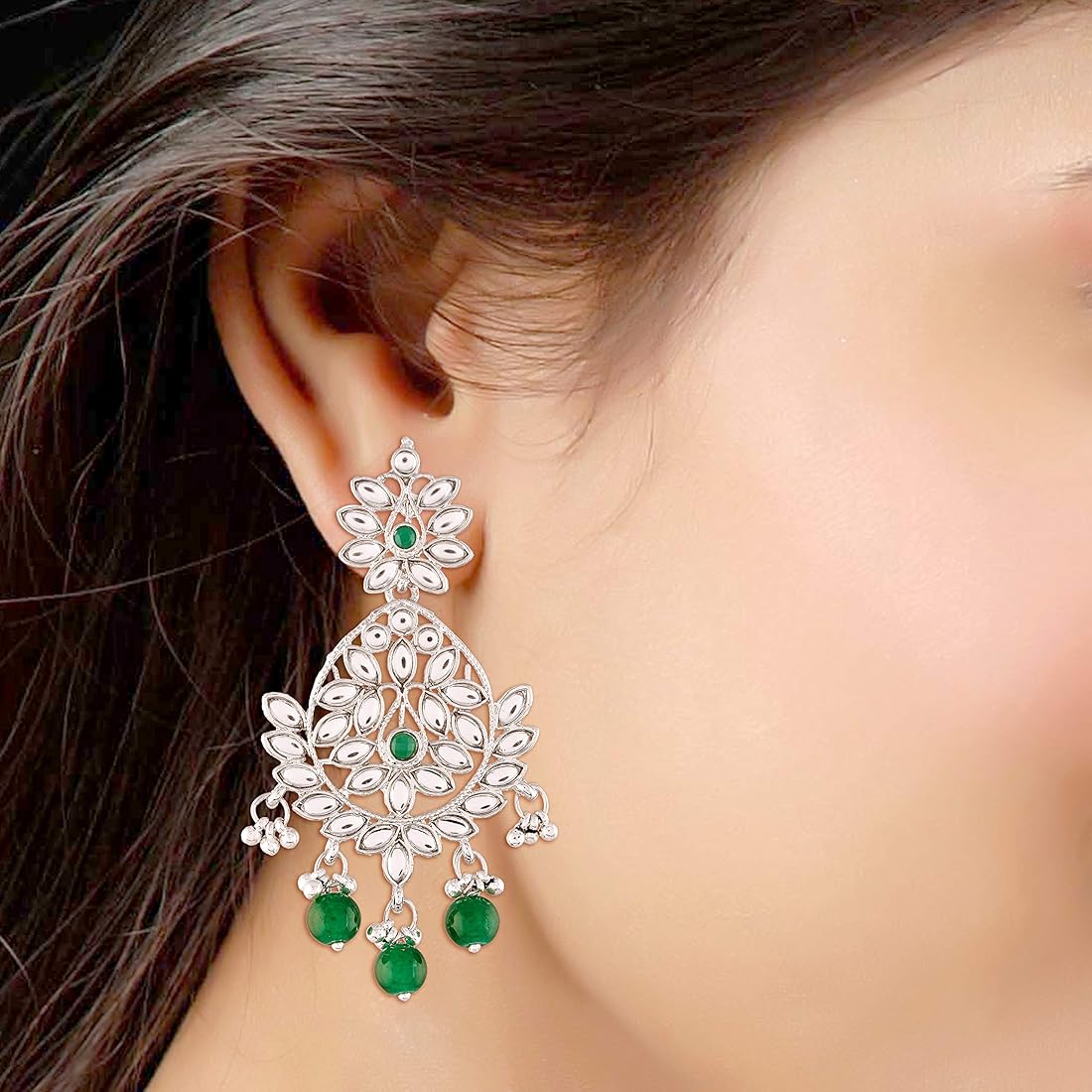 Traditional Silver Plated Chandbali Earrings Encased With Faux Kundans For Women/Girls