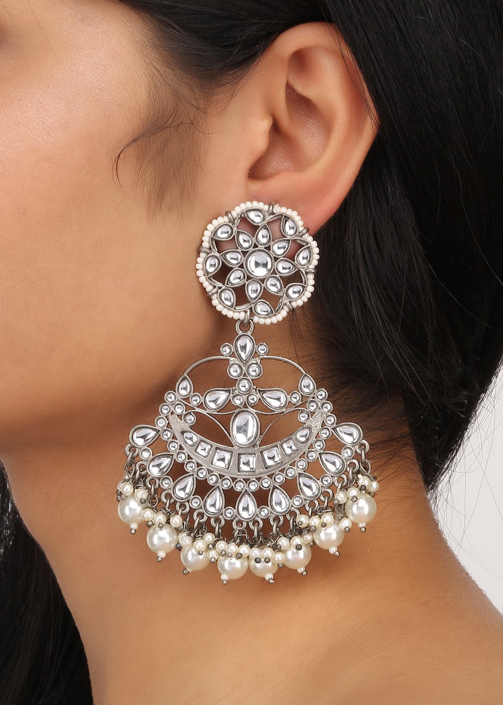 Floral Motif Silver Chandbali Earrings