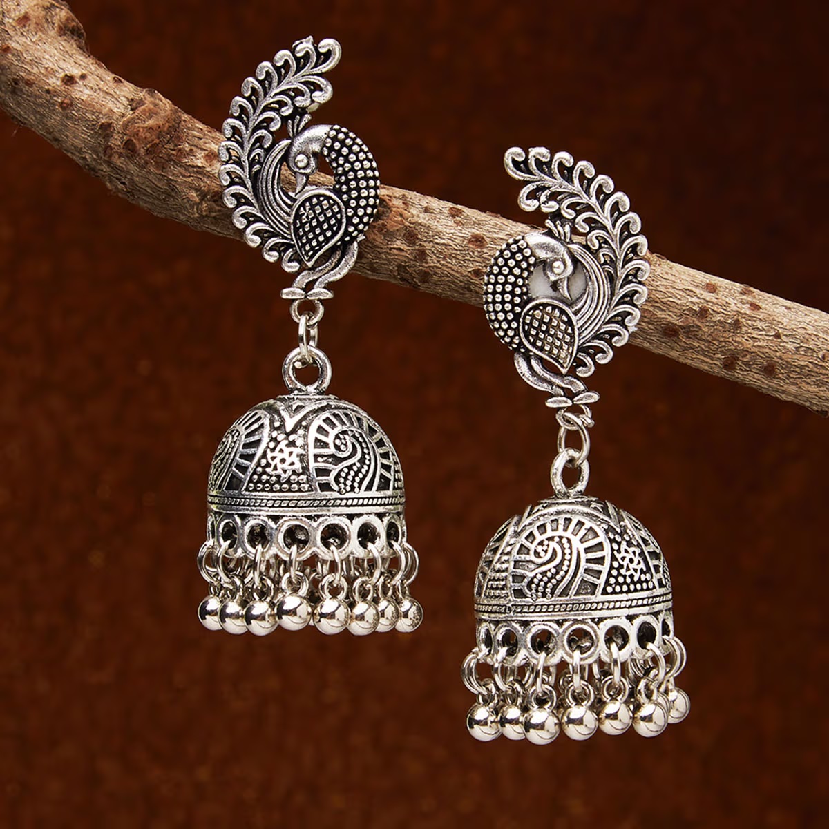Fida Ethnic Indian Traditional Silver Peacock Engraved Jhumka Earrings For Women