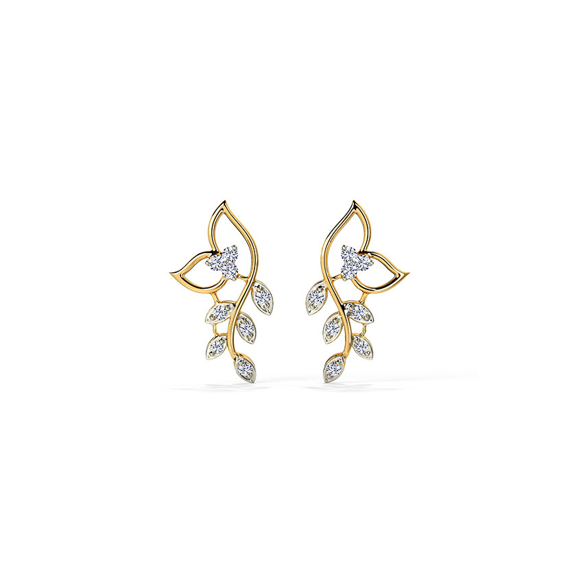 Classic Leaves Silver Stone Stud Earrings with Gold Polish