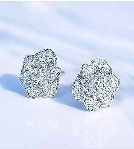 Women's Spring Earrings Silver Color Shiny Cubic Zirconia Flower Stud