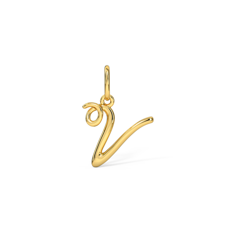 Silver Alphabet V Cursive Gold Polished Charm